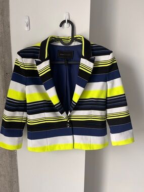 BCBG MaxAzria Cropped Stripe Statement Blazer | Small | Blue/Neon Yellow/White
